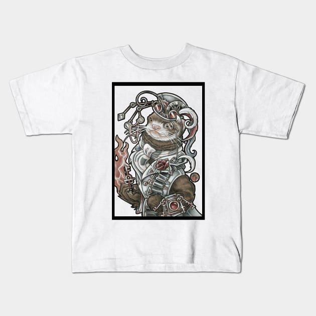 Steampunk Devil Ferret - White Outline Kids T-Shirt by Nat Ewert Art